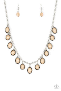 Infused with studded silver frames, round and oval brown beads swing from a shimmery silver chain, creating a colorful fringe below the collar. Features an adjustable clasp closure. Sold as one individual necklace.