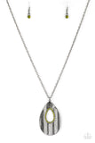 Embossed in a linear geometric pattern, a warped gunmetal teardrop swings from the bottom of a lengthened gunmetal chain. Glittery green rhinestones are encrusted around the center of the teardrop pendant for a sparkling finish. Features an adjustable clasp closure.