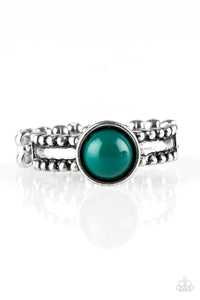 A refreshing green bead is pressed into the center of a dainty silver band radiating with studded detail for a seasonal look. Features a dainty stretchy band for a flexible fi