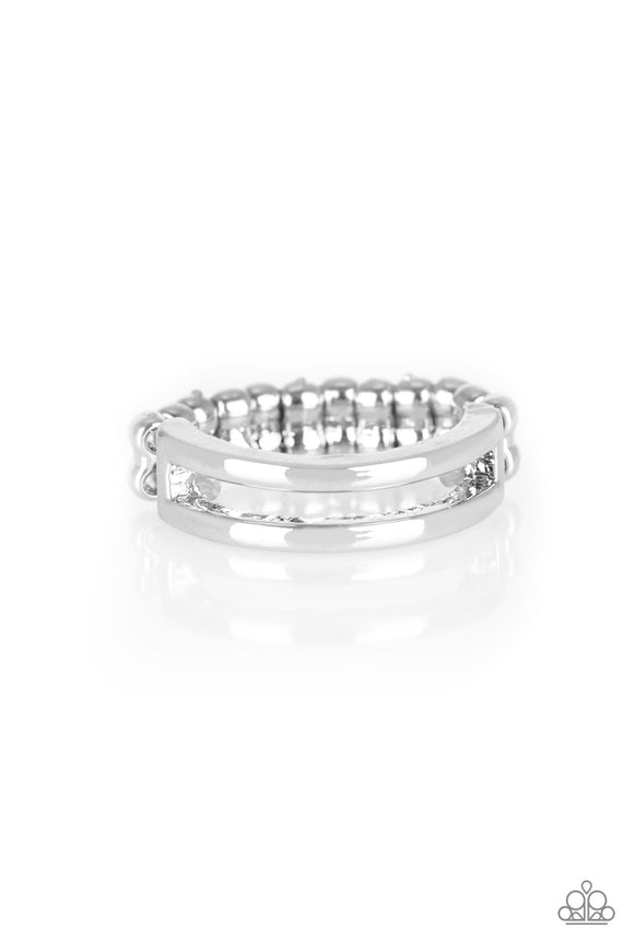 Glistening silver bands arc across the finger, joining into an airy band for a casual look. Features a dainty stretchy band for a flexible fi