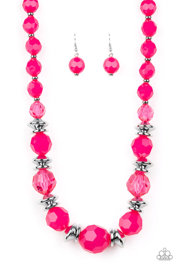 Infused with shimmery silver accents, faceted pink beads gradually increase in size as they join below the collar for a vivacious springtime look. Features an adjustable clasp closure.  Sold as one individual necklace. Includes one pair of matching 