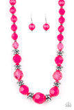 Infused with shimmery silver accents, faceted pink beads gradually increase in size as they join below the collar for a vivacious springtime look. Features an adjustable clasp closure.  Sold as one individual necklace. Includes one pair of matching 