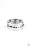 A single row of glassy hematite rhinestones is encrusted along the center of a thick silver band. Features a stretchy band for a flexible fit.