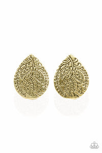 Featuring a shimmery antiqued finish, a leafy pattern is stamped across the front of a brass teardrop frame for a seasonal look. Earring attaches to a standard post fitting.