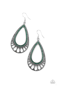 Encrusted in glittery green rhinestones, an ornate silver teardrop drips from the ear for a refined flair. Earring attaches to a standard fishhook fitting.  Sold as one pair of earrings.