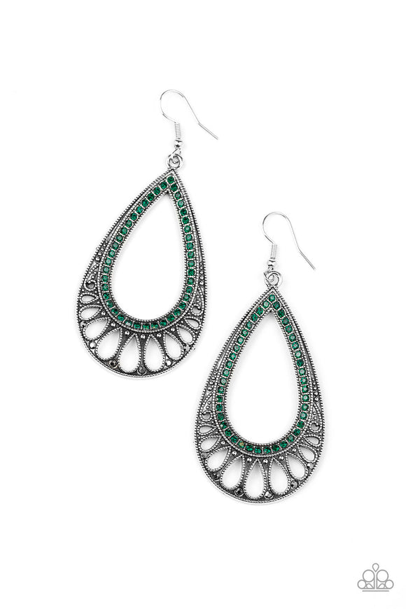 Encrusted in glittery green rhinestones, an ornate silver teardrop drips from the ear for a refined flair. Earring attaches to a standard fishhook fitting.  Sold as one pair of earrings.