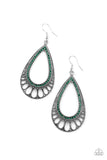 Encrusted in glittery green rhinestones, an ornate silver teardrop drips from the ear for a refined flair. Earring attaches to a standard fishhook fitting.  Sold as one pair of earrings.