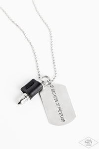 Pinched between a black leather fitting, a silver bullet pendant joins a silver dog tag at the bottom of a silver ball chain. The shimmery dog tag is stamped in the phrase, "Because of the Brave," for a patriotic finish. Features a ball and clasp closure.
