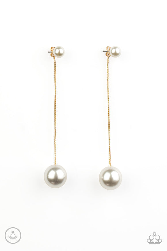 Attached to a sleek gold chain, an oversized white pearl delicately swings from the bottom of a classic white pearl, adding a timeless twist to the elegant display. Earring attaches to a standard post fitting.
