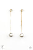 Attached to a sleek gold chain, an oversized white pearl delicately swings from the bottom of a classic white pearl, adding a timeless twist to the elegant display. Earring attaches to a standard post fitting.
