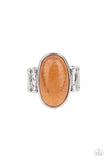 <p>An oval orange stone is encased inside a sleek silver frame, creating a mystical centerpiece atop the finger. Features a stretchy band for a flexible fit. As the stone elements in this piece are natural, some color variation is normal.</p> <p><i> Sold as one individual ring.</i></p>