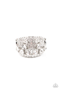 Encased in sleek silver fittings, a cluster of glittery white rhinestones coalesce inside an airy silver band encrusted in haphazard sections of glassy white rhinestones for a modern fashion. Features a stretchy band for a flexible fit.