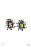 A faceted oil spill teardrop gem is encompassed by a radiating frame of sparkling hematite marquise rhinestones set in gunmetal pronged fittings creating a dramatically vintage finish. Earring attaches to a standard clip-on fitting.