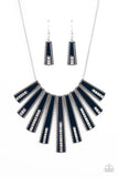 Encased in daintily dotted silver frames, a row of flared silver bars painted in a glossy Navy Blue fans out across the collar. A column of sparkling white rhinestones rises from the bottom of each frame, creating a dramatically deco finish as they sway from a round silver chain. Features an adjustable clasp clo