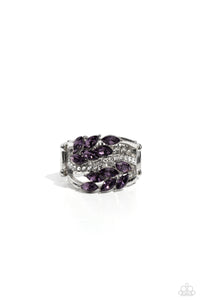 Clusters of amethyst marquise-cut crystals flank a wavy band of dainty white rhinestones atop the finger. The amethyst crystals fall into a leafy pattern, adding a touch of earthy elegance to the luminously layered look. Features a stretchy band for a flexible fit.