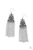 Rows of Ultimate Gray beads set inside diamond shaped frames coalesce with dainty sunburst embellishments inside an airy dotted silver flared frame. A row of silver chain fringe sways across the bottom creating an anciently inviting allure. Earring attaches to a standard fishhook fitting.
