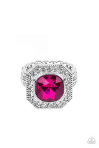 Bordered in a sparkly silver frame of glassy white rhinestones, an oversized pink gem adorns the finger for a timeless finish. Features a dainty stretchy band for a flexible fit.