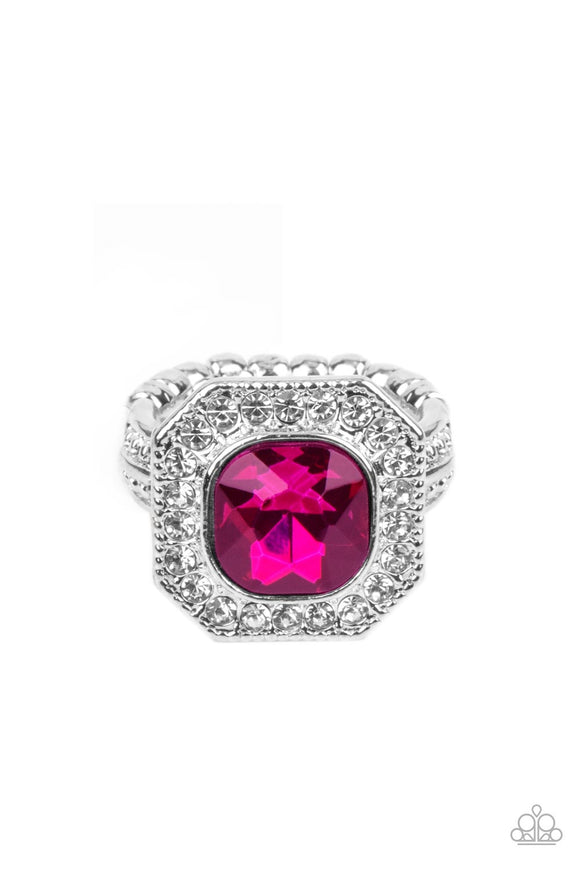 Bordered in a sparkly silver frame of glassy white rhinestones, an oversized pink gem adorns the finger for a timeless finish. Features a dainty stretchy band for a flexible fit.