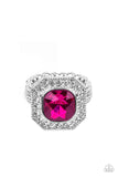 Bordered in a sparkly silver frame of glassy white rhinestones, an oversized pink gem adorns the finger for a timeless finish. Features a dainty stretchy band for a flexible fit.