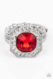 Bordered in a sparkly silver frame of glassy white rhinestones, an oversized red gem adorns the finger for a timeless finish. Features a dainty stretchy band for a flexible fit