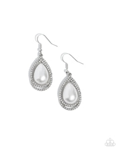 Borders of glassy white rhinestones delicately wrap around a pearly white teardrop center, resulting in an elegant centerpiece. Earring attaches to a standard fishhook fitting.