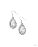 Borders of glassy white rhinestones delicately wrap around a pearly white teardrop center, resulting in an elegant centerpiece. Earring attaches to a standard fishhook fitting.