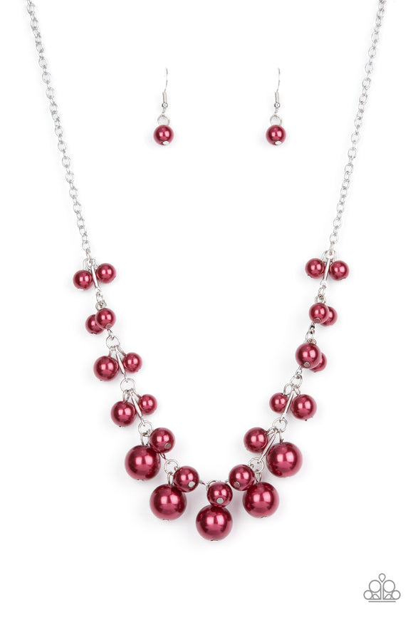 Gradually increasing in size, clusters of red pearls alternate with dainty silver bars below the collar, creating a bubbly fringe. Features an adjustable clasp closure.