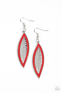 Bordered in a red leather trim, an airy silver leaf frame swings from the ear for a wildly seasonal fashion. Earring attaches to a standard fishhook fitting.
