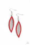 Bordered in a red leather trim, an airy silver leaf frame swings from the ear for a wildly seasonal fashion. Earring attaches to a standard fishhook fitting.