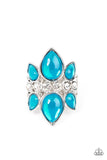 Crowns of glassy blue teardrop beads fan out from a center of glassy white rhinestones, coalescing into an ethereal centerpiece atop the finger. Features a stretchy band for a flexible fit.