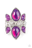 Crowns of glassy purple teardrop beads fan out from a center of glassy white rhinestones, coalescing into an ethereal centerpiece atop the finger. Features a stretchy band for a flexible fit.