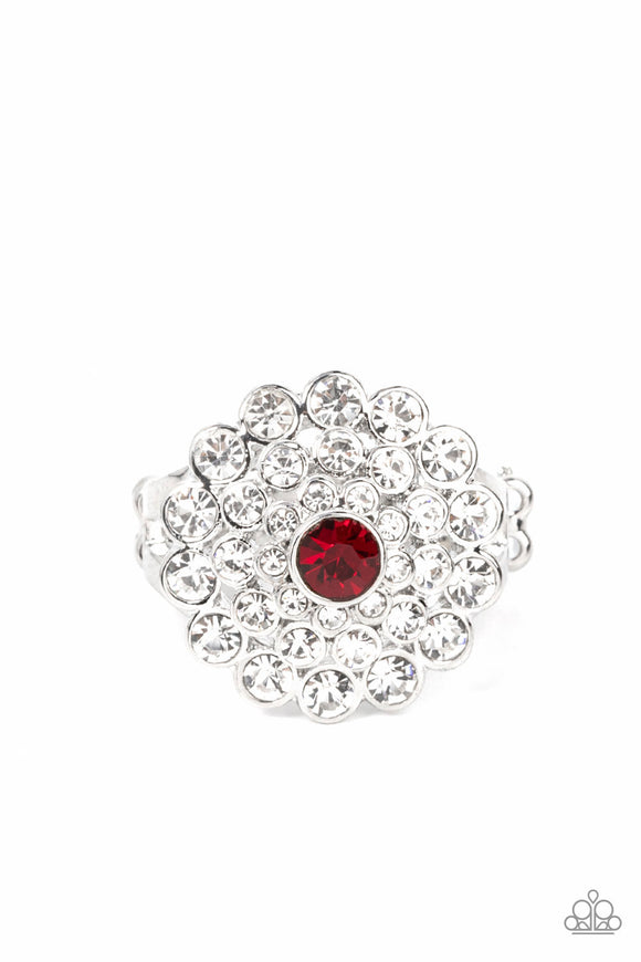 Topped with a fiery red rhinestone, rings of glassy white rhinestones stack into a stunning display of sparkle atop the finger. Features a dainty stretchy band for a flexible fit.