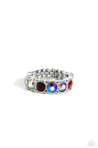 A glitzy collection of iridescent, red, and opal rhinestones encrusts the front of a studded silver band, result in a sparkly spectrum of color across the finger. Features a dainty stretchy band for a flexible fit.