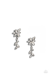 Encased in glistening silver fittings, a glittery collection of marquise cut rhinestones blooms into a brilliant flower. A cascading frame of matching marquise cut rhinestones trickles from the bottom of the sparkling floral frame, adding enchanting movement to the standalone post. Earring attaches to a standard post fitting.