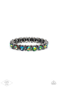 Infused with dainty gunmetal beads, glittery oil spill rhinestone encrusted frames are threaded along stretchy bands around the wrist for a glamorous look.