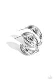 A dainty collection of overlapping silver bars delicately twist and curve into a lavishly layered hoop. Earring attaches to a standard post fitting. Hoop measures approximately 1" in diameter.  Sold as one pair of hoop earrings