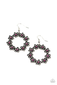 Dotted with dainty pink rhinestone centers, studded silver flowers delicately connect into a whimsical floral wreath for a seasonal fashion. Earring attaches to a standard fishhook fitting.