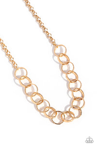 Chunky gold links give way to sections of oversized and textured gold links that boldly interlock below the collar, connecting into a classic centerpiece. Features an adjustable clasp closure.  Sold as one individual necklace. Includes one pair of matching earrings.