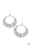 A glittery collection of blue and iridescent rhinestones joins with dainty silver circles along the bottom of a hammered silver frame, bubbling into an extravagant effervescence. Earring attaches to a standard fishhook fittin