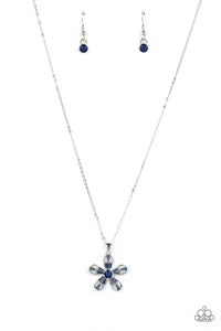 Emerald cut Skydiver rhinestones are scattered across the front of airy silver petals that bloom from a Skydiver rhinestone center, resulting in a sparkly floral pendant below the collar. Features an adjustable clasp closure.  Sold as one individual necklace. Includes one pair of matching earr