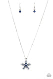Emerald cut Skydiver rhinestones are scattered across the front of airy silver petals that bloom from a Skydiver rhinestone center, resulting in a sparkly floral pendant below the collar. Features an adjustable clasp closure.  Sold as one individual necklace. Includes one pair of matching earr