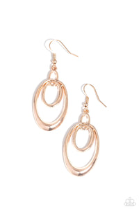 Mismatched rose gold ovals interlock into a stationary lure, resulting in a rippling frame. Earring attaches to a standard fishhook fitting.  Sold as one pair of earrings.