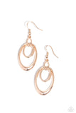 Mismatched rose gold ovals interlock into a stationary lure, resulting in a rippling frame. Earring attaches to a standard fishhook fitting.  Sold as one pair of earrings.