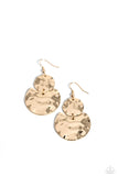 A hammered gold disc links to a thick crescent-shaped disc in the same hammered sheen, combining into a rippling layered lure. Earring attaches to a standard fishhook fitting.