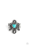 Dotted with a refreshing turquoise heart stone center, glistening silver floral filigree climbs up and down the finger, coalescing into a whimsical, earthy frame. Features a stretchy band for a flexible fit. As the stone elements in this piece are natural, some color variation is normal.