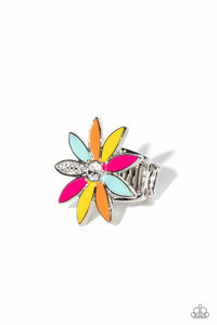 <p>Featuring Pink Peacock, Samoan Sun, Orange Tiger and Waterspout elongated marquise petals, an oversized glittery colorful flower, with a white gem center, blooms atop an airy silver band. Dainty white rhinestones dot one of the petals for a dazzling finish. Features a stretchy band for a flexible fit.</p> <p><i> Sold as one individual ring.</i></p>