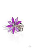 Featuring dahlia and lavender elongated marquise petals, an oversized glittery purple flower, with a white gem center, blooms atop an airy silver band. Dainty iridescent rhinestones dot one of the petals for a dazzling finish. Features a stretchy band for a flexible fit.
