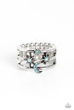 Featuring blue and iridescent rhinestones, three-dimensional stars, and a crescent moon dot across three sleek silver bands that meet in the center of the finger, creating a sparkling out-of-this-world centerpiece. Features a stretchy band for a flexible fit. Due to its prismatic palette, color may vary.