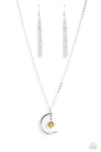 A glassy orange bead is pressed into the center of a three-dimensional silver star that dances from the top of a silver crescent moon pendant, creating a celestial pendant at the bottom of a dainty silver chain. Features an adjustable clasp closure.
