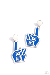 Featuring white-painted details and a "#1", a royal blue, foam-inspired fan pointer-finger hand attaches to the bottom of a white-painted post, creating a sporty lure. Earring attaches to a standard post fitting.  Sold as one pair of post earrings.